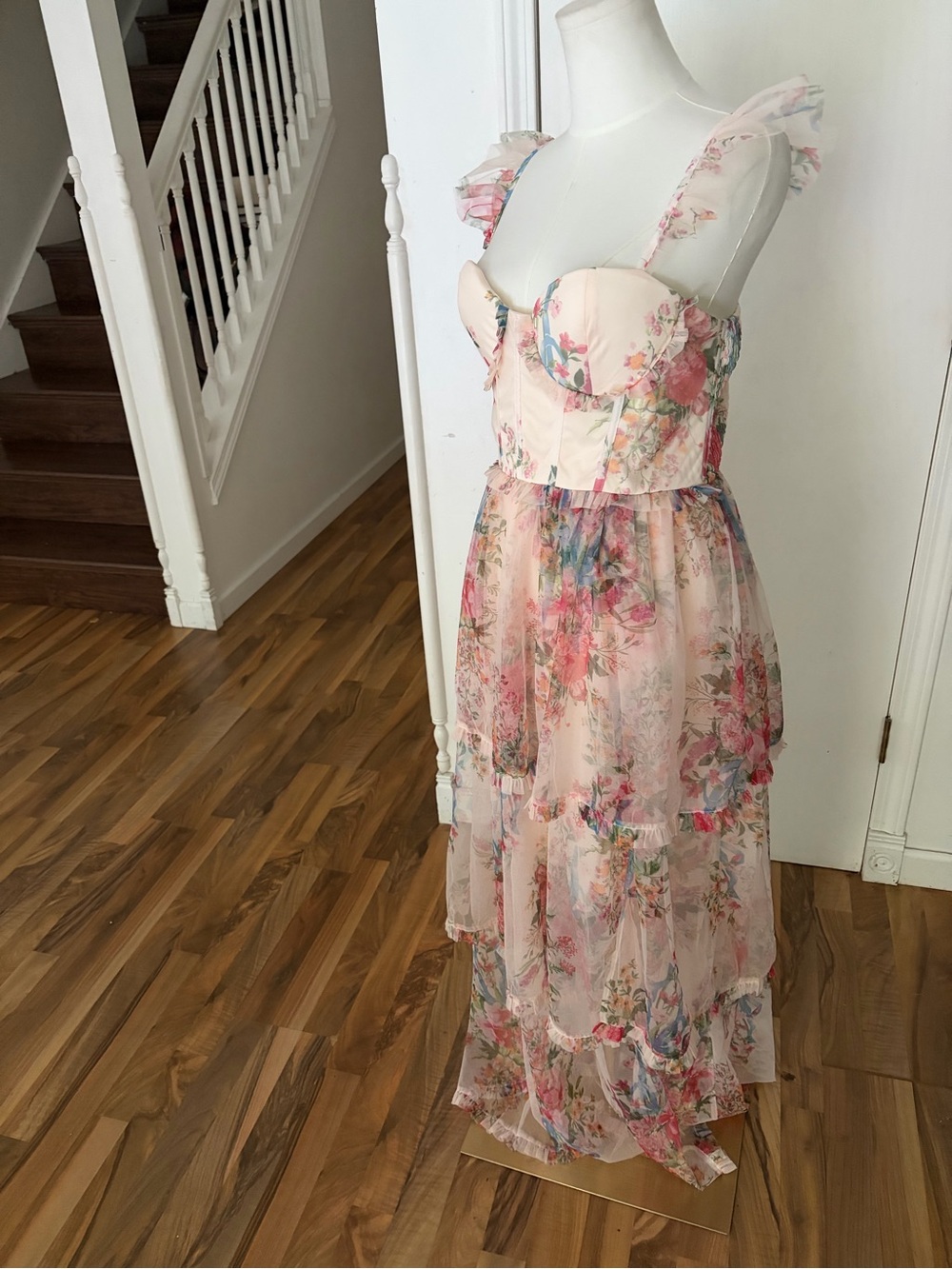 Blush Floral Corset Top Smocked Ruffle Tier Bows Frilly Sleeves Dress, XL